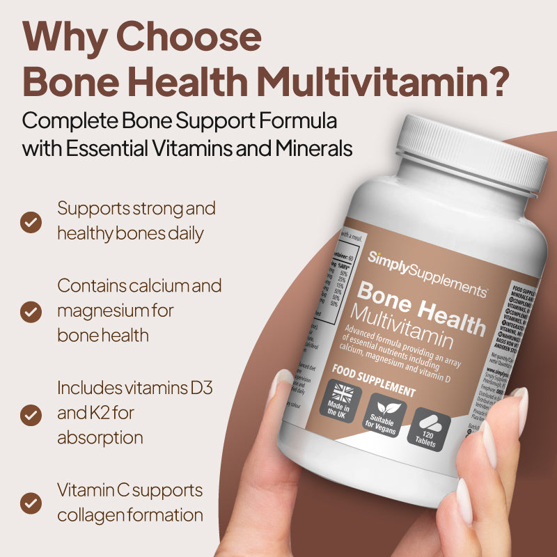 Promotional graphic for Simply Supplements Bone Health Multivitamin showing the bottle in hand with claims including daily support for strong, healthy bones, calcium and magnesium for bone health, vitamins D3 and K2 for absorption, and vitamin C to support collagen formation.