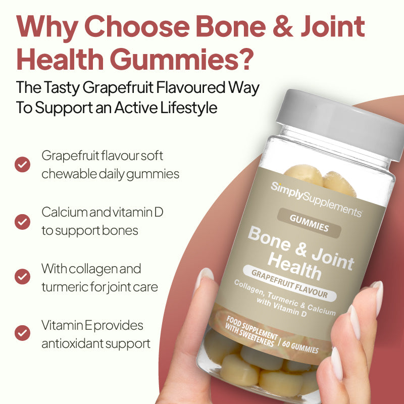 Simply Supplements grapefruit flavour gummies, highlighting calcium and vitamin D for bones, collagen and turmeric for joint care, antioxidant support from vitamin E, and soft chewable daily gummies