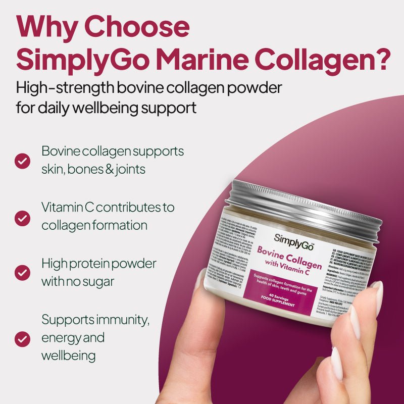 SimplyGo Bovine Collagen with Vitamin C supplement graphic highlighting bovine collagen support for skin, bones and joints, collagen formation, immunity, energy and high-protein sugar-free wellbeing support.