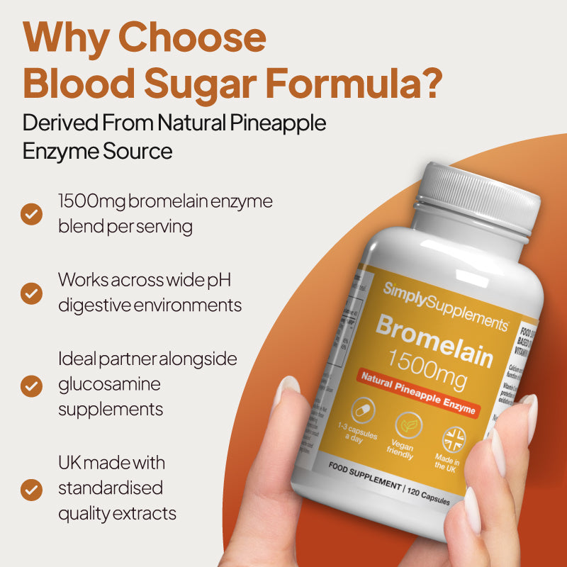 Simply Supplements Bromelain 1500mg supplement graphic highlighting 1500mg bromelain enzyme blend per serving, suitability across wide pH digestive environments, support alongside glucosamine supplements and UK-made standardised extracts.