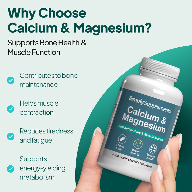 Simply Supplements Calcium 400mg & Magnesium 200mg Tablets contributes to bone maintenance, helps muscle contraction and reduces tiredness and fatigue