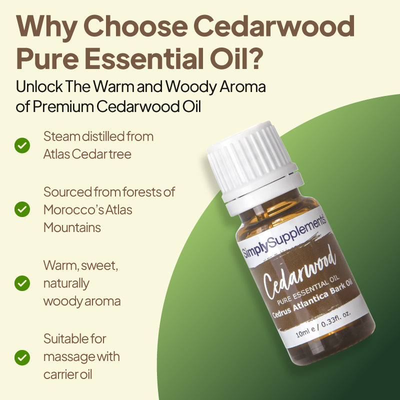 Simply Supplements Cedarwood pure essential oil graphic highlighting Atlas cedar steam distillation, Moroccan Atlas Mountain sourcing, warm woody aroma and suitability for massage with carrier