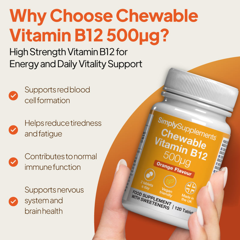 Promotional graphic for Simply Supplements Chewable Vitamin B12 500µg showing the bottle in hand with claims including support for red blood cell formation, reduced tiredness and fatigue, contribution to normal immune function, and support for the nervous system and brain health.