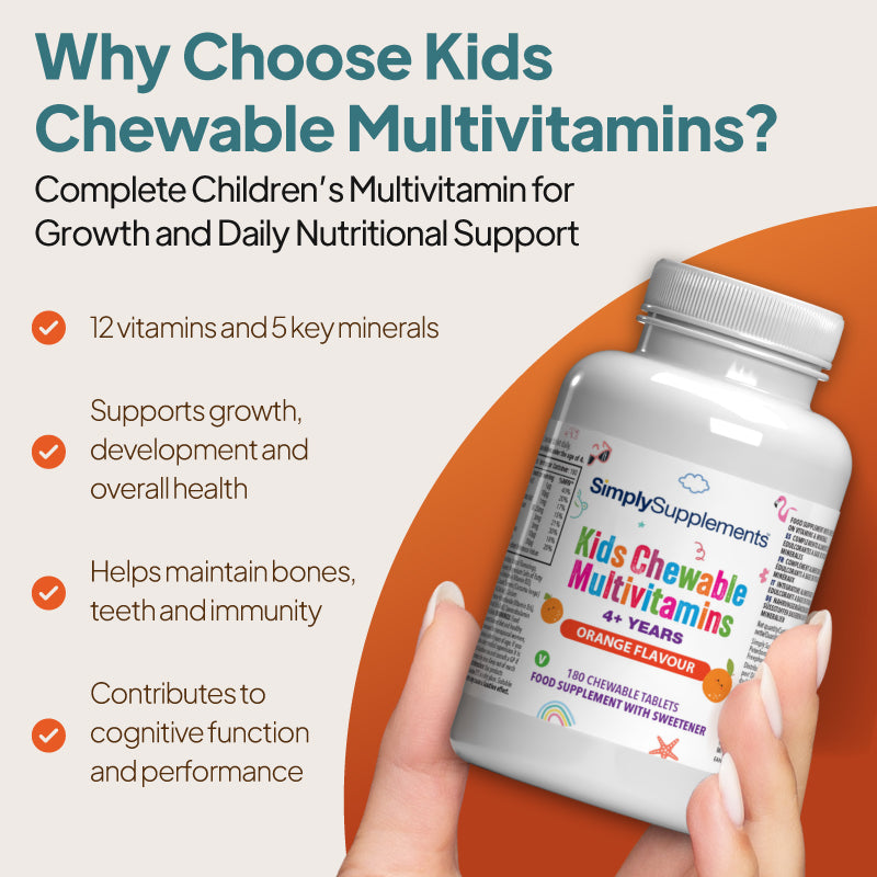 Promotional graphic for Simply Supplements Kids Chewable Multivitamins showing the bottle in hand with claims including 12 vitamins and 5 key minerals, support for growth and overall health, support for bones, teeth and immunity, and contribution to cognitive function and performance.