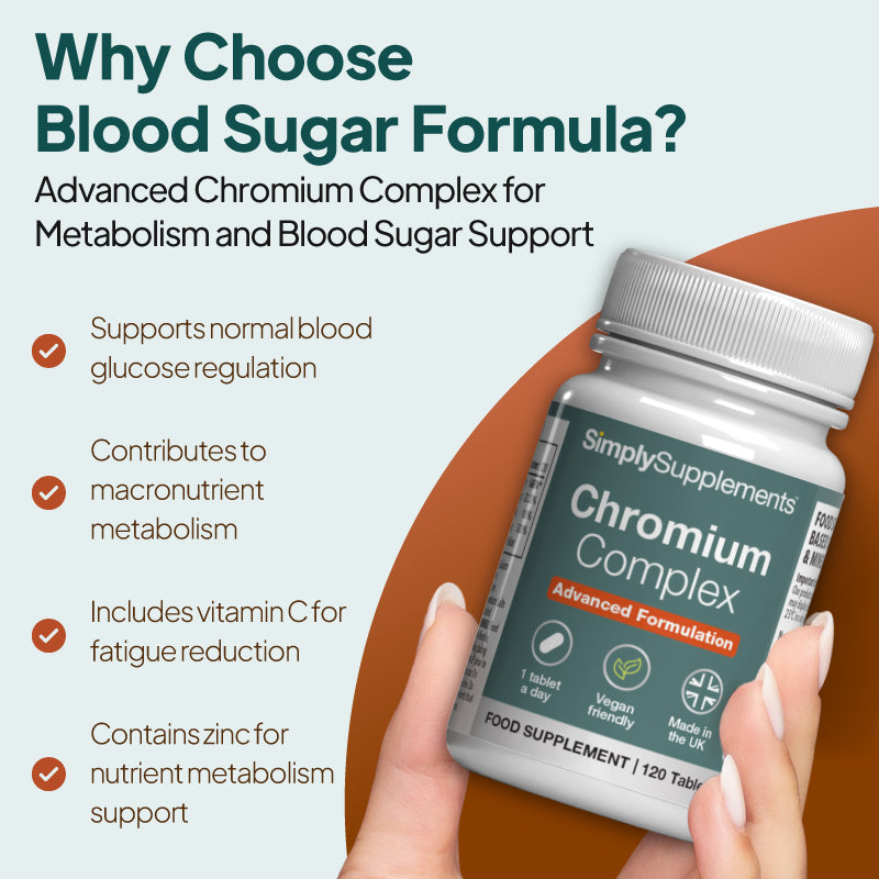 Promotional graphic for Simply Supplements Chromium Complex showing a bottle held in hand, with benefits listed including support for normal blood glucose regulation, macronutrient metabolism, vitamin C for fatigue reduction, and zinc for nutrient metabolism support.