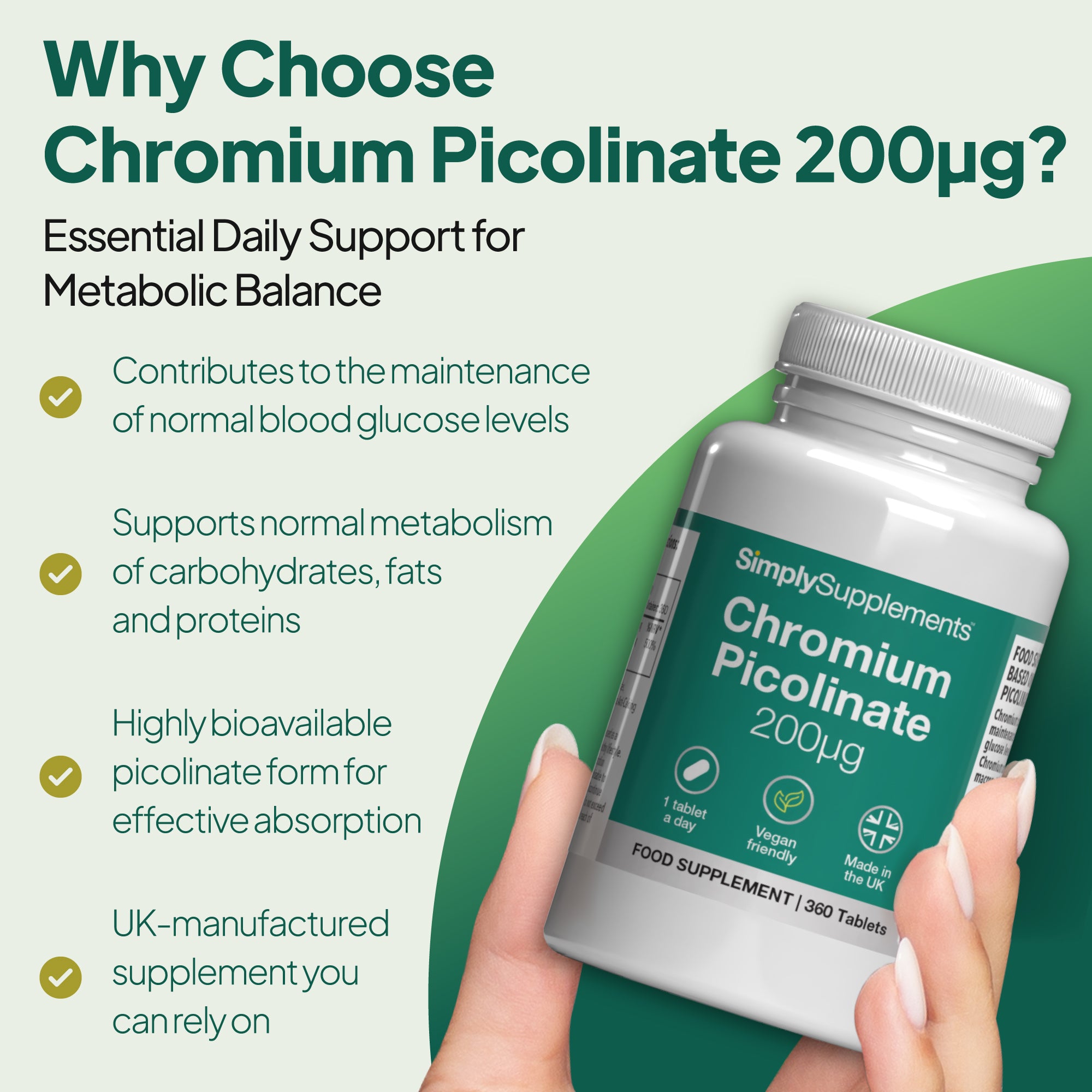 Product promotional graphic for Simply Supplements Chromium Picolinate 200µg, showing a supplement bottle held in a hand on a pale background with teal accents and text explaining that chromium tablets help maintain normal blood sugar levels, support macronutrient metabolism, help maintain steady energy levels, and aid the efficient use of carbohydrates, fats, and protein.