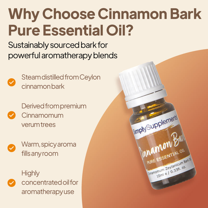 Simply Supplements Cinnamon Bark pure essential oil graphic highlighting steam-distilled Ceylon cinnamon bark, premium Cinnamomum verum sourcing, warm spicy aroma and concentrated oil for aromatherapy use.