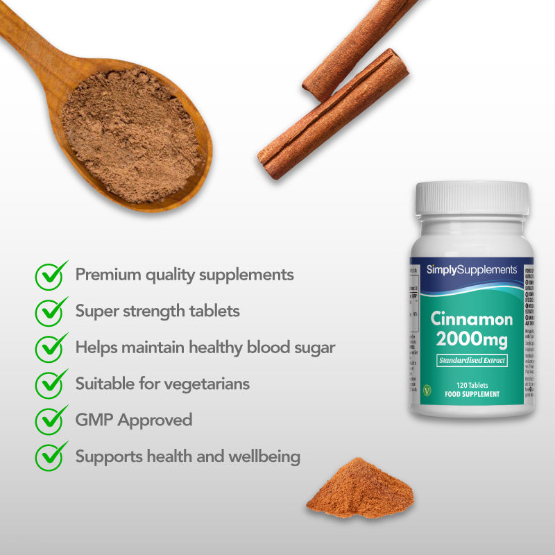 Simply Supplements Cinnamon 2000mg image highlighting standardised extract tablets, vegetarian suitability, GMP-approved quality, and support for health and wellbeing.