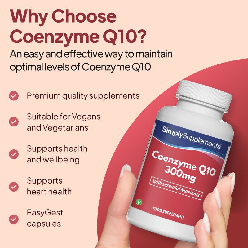 Simply Supplements Coenzyme Q10 300mg image highlighting vegetarian-friendly capsules, heart health support, wellbeing support, and premium quality ingredients.