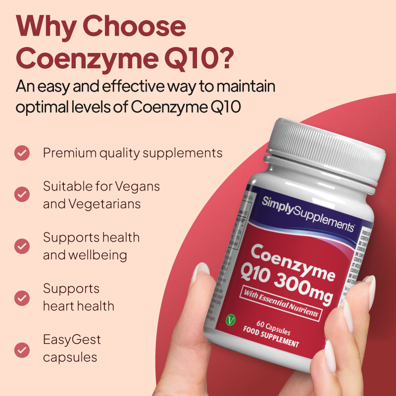 Simply Supplements Coenzyme Q10 300mg image highlighting vegetarian-friendly capsules, heart health support, wellbeing support, and premium quality ingredients.
