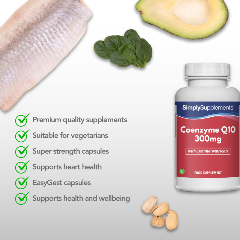 Simply Supplements Coenzyme Q10 300mg image highlighting vegetarian-friendly capsules, heart health support, wellbeing support, and premium quality ingredients.