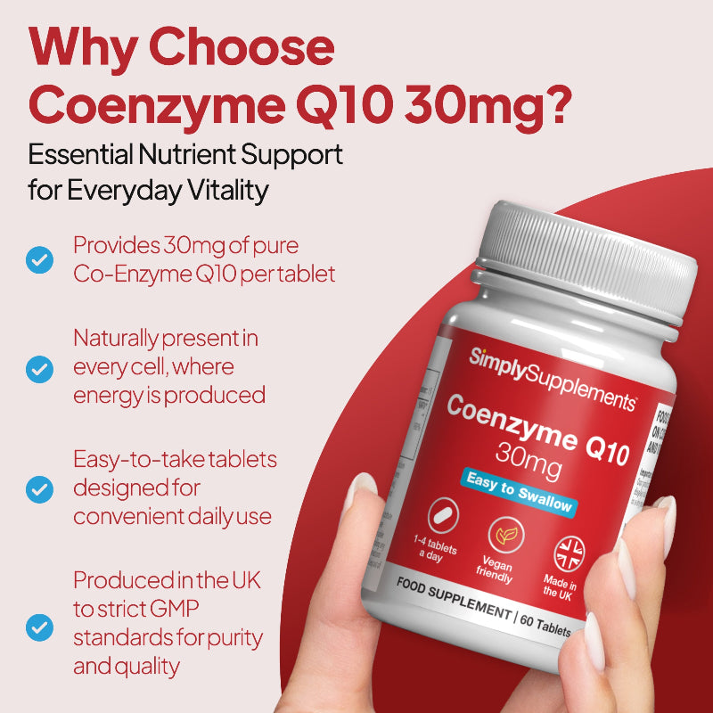 Co-Enzyme Q10 provides 30mg of pure co-enzyme Q10 per tablet