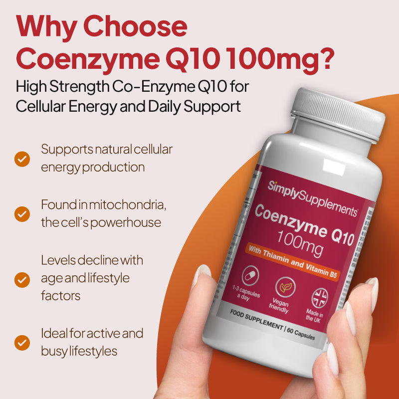 Product infographic for Simply Supplements Coenzyme Q10 100mg showing a bottle held in hand, with text highlighting support for natural cellular energy production, Co-Enzyme Q10 being found in mitochondria, declining levels with age and lifestyle factors, and suitability for active, busy lifestyles.