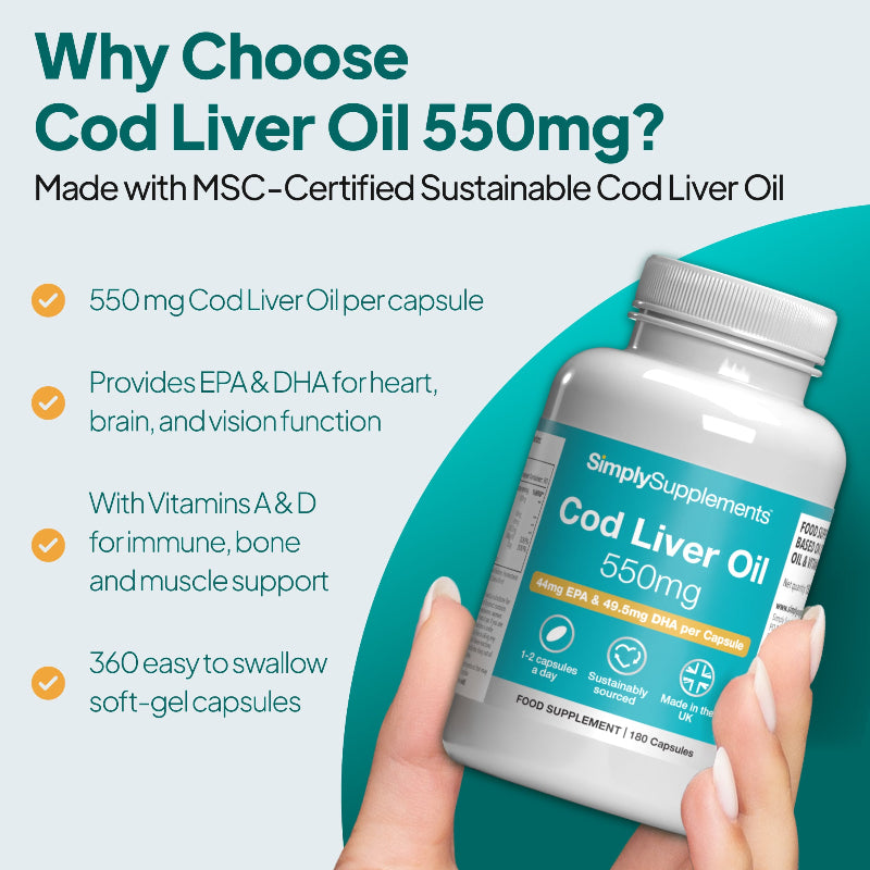 Cod Liver Oil Capsules 550mg provides EPA & DHA for heart, brain and vision function