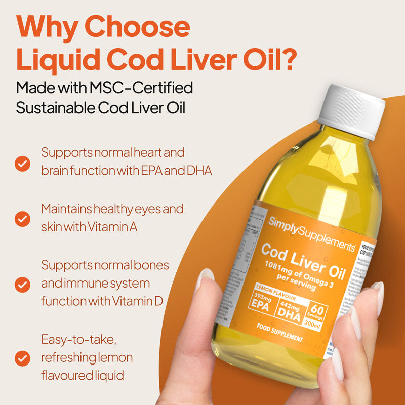 SimplySupplements lemon flavoured cod liver oil, highlighting EPA and DHA for heart and brain function, vitamin A for healthy eyes and skin, vitamin D for bones and immune support, and easy-to-take refreshing liquid