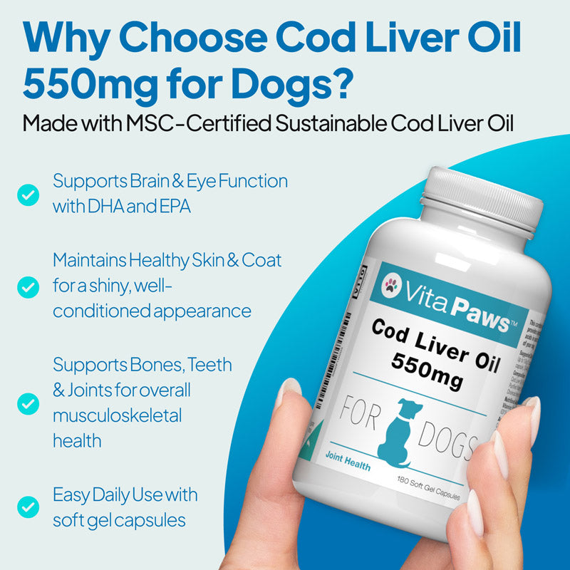 VitaPaws Cod Liver Oil 550mg supplement for dogs with DHA and EPA to support brain, eye, skin, coat and joint health