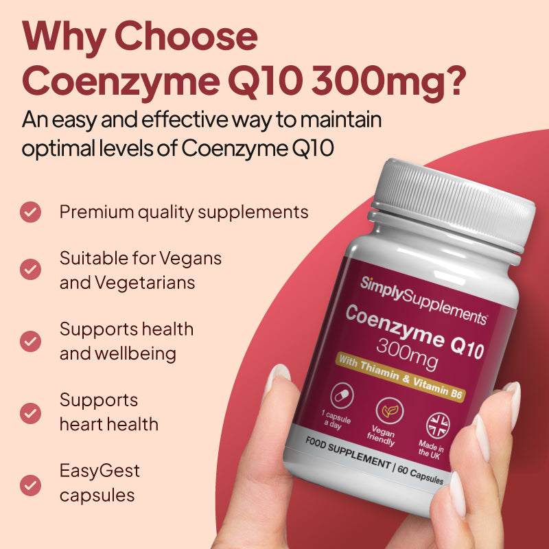 Simply Supplements Coenzyme Q10 300mg image highlighting vegetarian-friendly capsules, heart health support, wellbeing support, and premium quality ingredients.