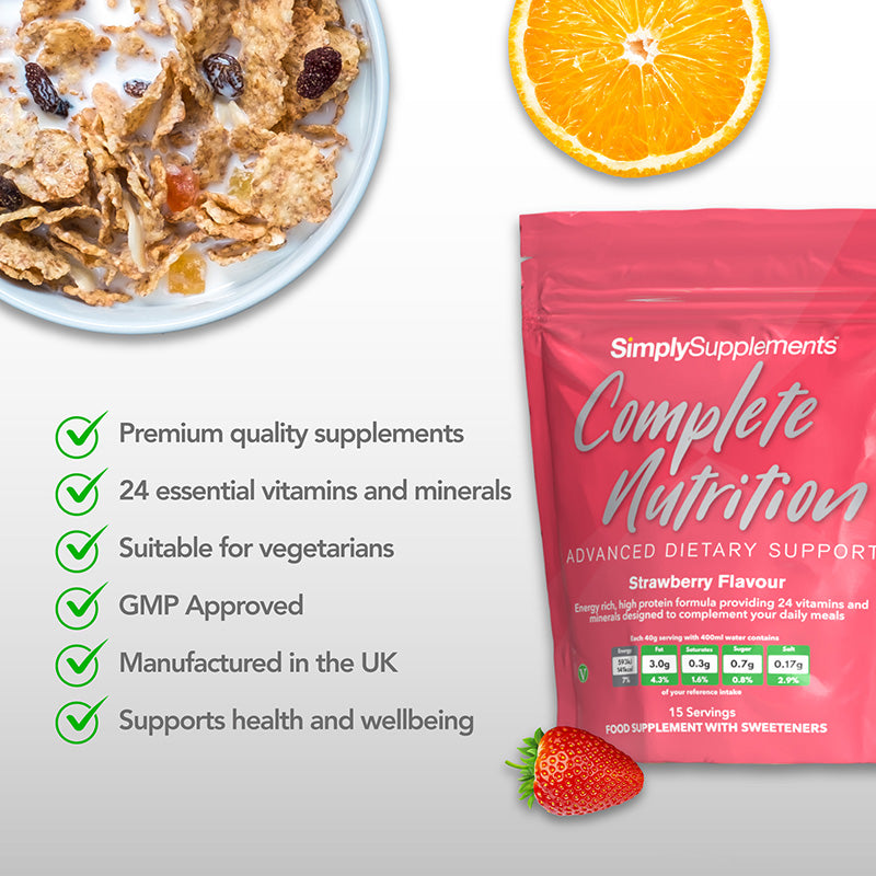 Product feature graphic for Simply Supplements Complete Nutrition Strawberry Flavour showing a pink pouch on a light background with cereal, orange slice and strawberry, alongside bullet points for premium quality supplements, 24 essential vitamins and minerals, suitable for vegetarians, GMP approved, manufactured in the UK, and support for health and wellbeing.