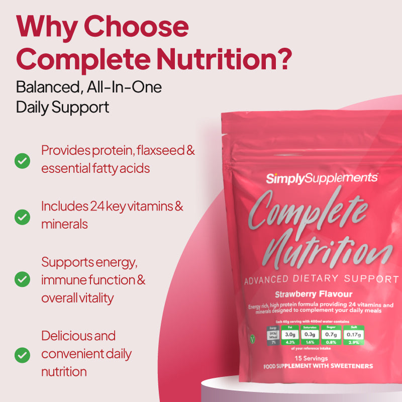 Product feature graphic for Simply Supplements Complete Nutrition Strawberry Flavour showing a pink pouch on a light background with cereal, orange slice and strawberry, alongside bullet points for premium quality supplements, 24 essential vitamins and minerals, suitable for vegetarians, GMP approved, manufactured in the UK, and support for health and wellbeing.