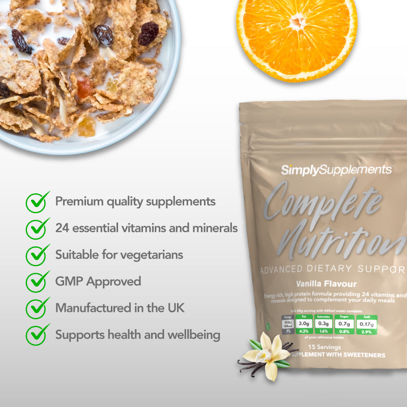 Product feature graphic for Simply Supplements Complete Nutrition Vanilla Flavour, showing a beige pouch beside a checklist highlighting premium quality supplements, 24 essential vitamins and minerals, suitability for vegetarians, GMP approval, UK manufacturing, and support for health and wellbeing, with cereal, orange, and vanilla imagery.
