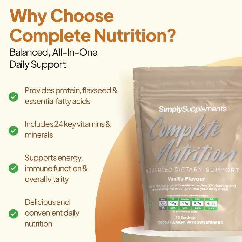 Product feature graphic for Simply Supplements Complete Nutrition Vanilla Flavour, showing a beige pouch beside a checklist highlighting premium quality supplements, 24 essential vitamins and minerals,supports energy, immune function and overall vitality