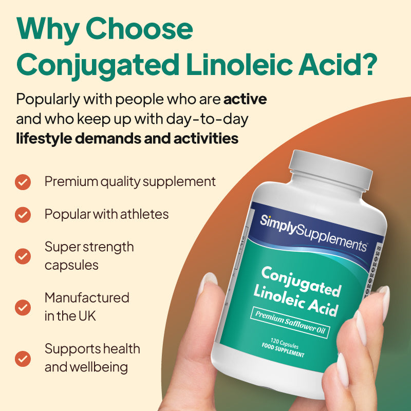 Supplement bottle labeled 'Simply Supplements Conjugated Linoleic Acid' held by a hand with promotional text on a beige background.