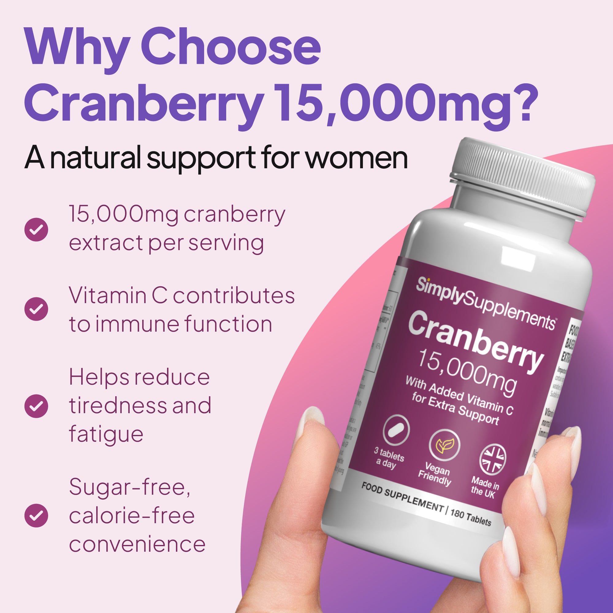 Cranberry 15000mg supplement bottle held by a hand with promotional text on a purple background. A natural support for women.