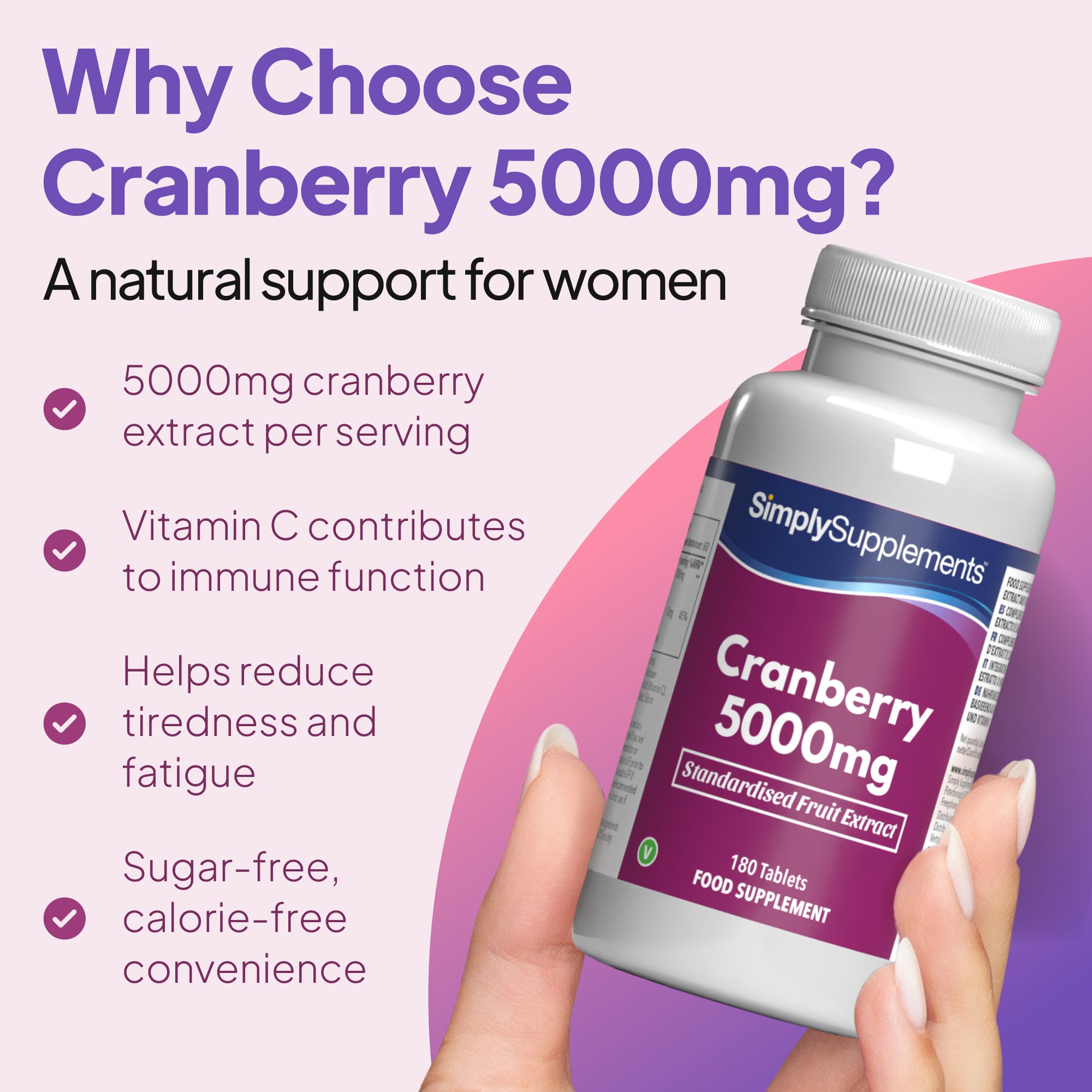 Cranberry 5000mg supplement bottle held by a hand with promotional text on a purple background. A natural support for women.