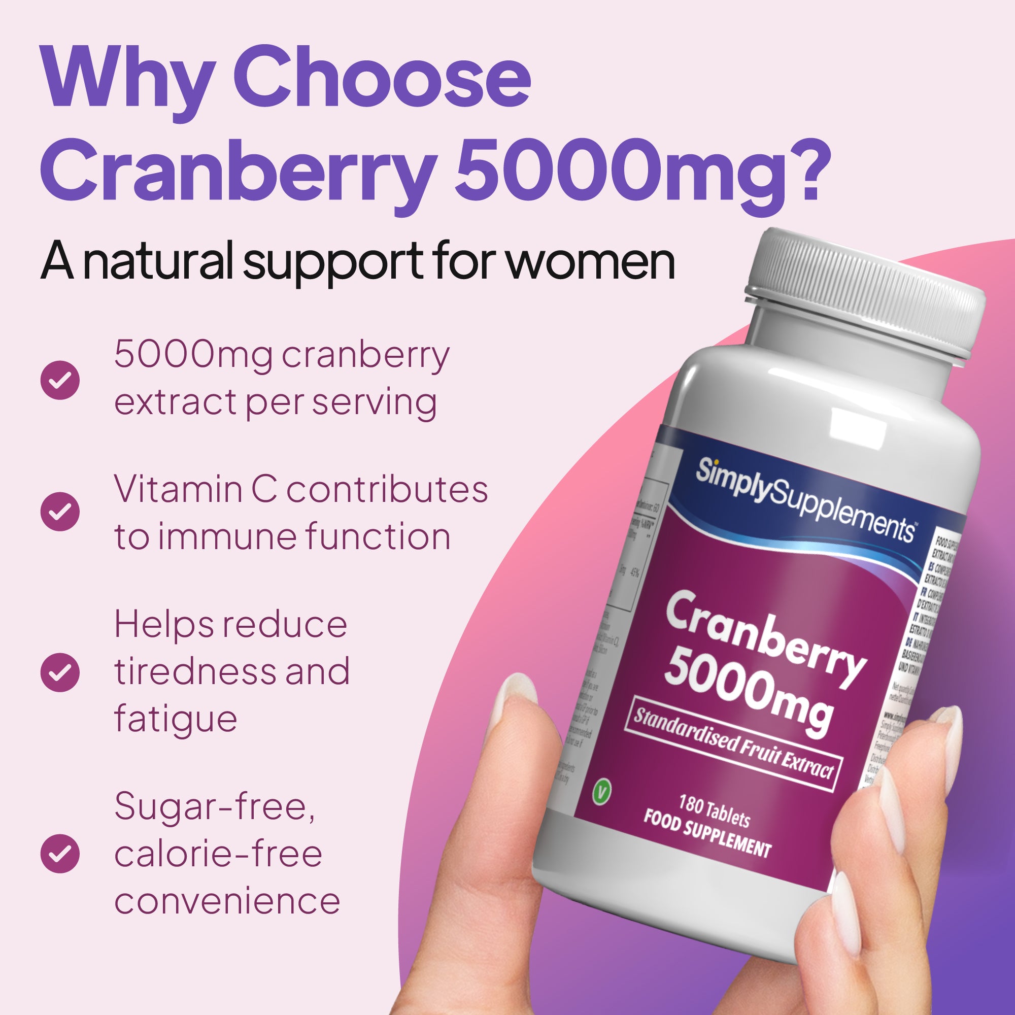 Cranberry 5000mg supplement bottle held by a hand with promotional text on a purple background. A natural support for women.
