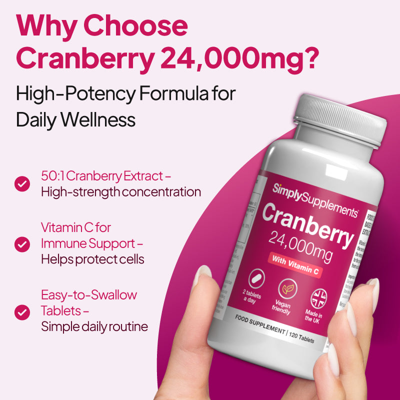 Cranberry Tablets 24,000mg with Vitamin C 160mg is a high-potency formula for daily wellness