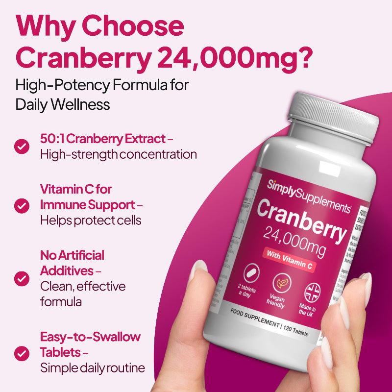 Cranberry Tablets 24,000mg with Vitamin C 160mg is a high-potency formula for daily wellness