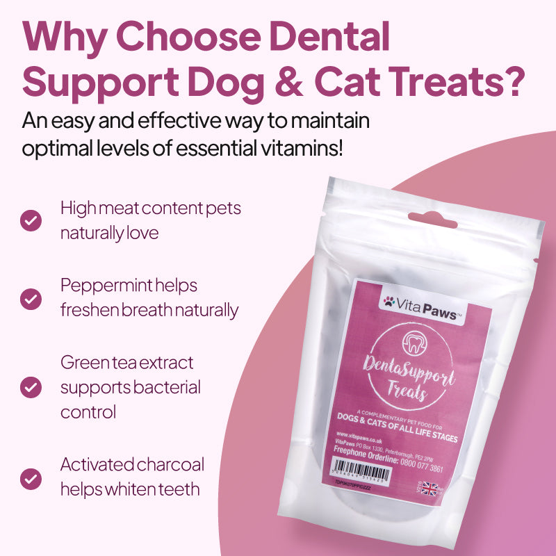 VitaPaws Dental Support Treats for dogs and cats with peppermint, green tea extract and activated charcoal for fresh breath and oral care