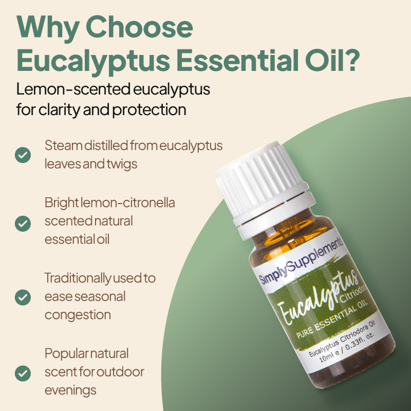 Simply Supplements Eucalyptus essential oil graphic highlighting steam-distilled eucalyptus leaves and twigs, fresh lemon-citronella aroma, seasonal freshness support and outdoor-use fragrance.