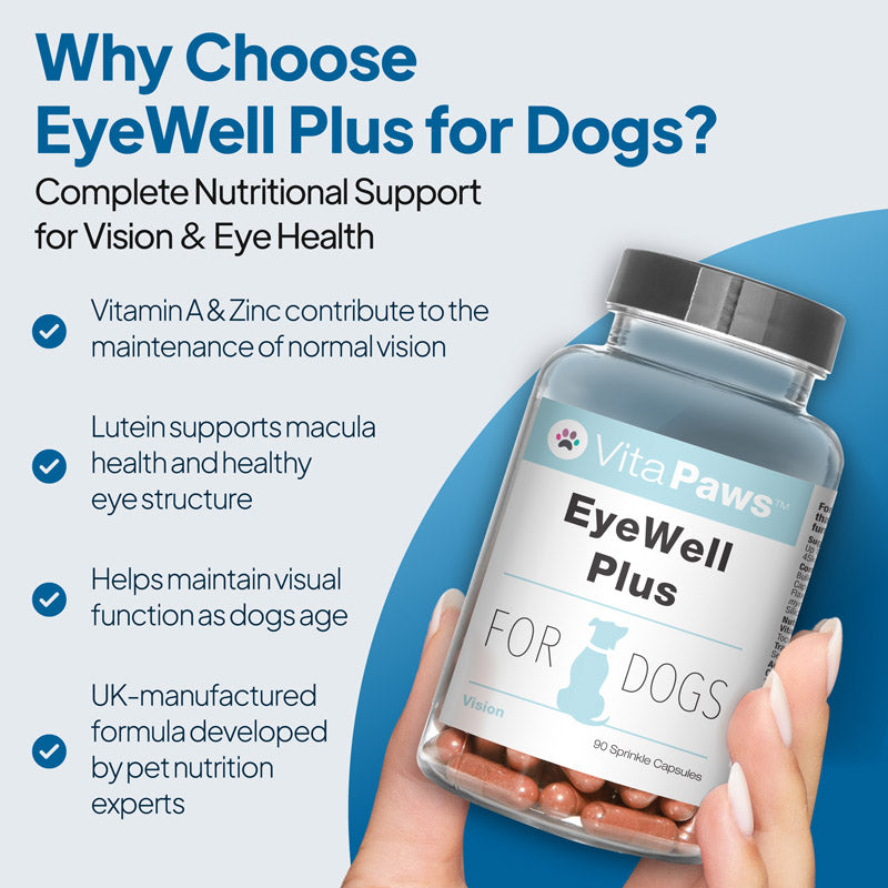 VitaPaws EyeWell Plus vision support supplement for dogs with lutein, vitamin A and zinc to help maintain eye health and normal vision