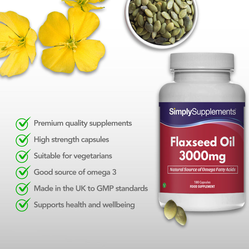 Product feature graphic for Simply Supplements Flaxseed Oil 3000mg, showing a close-up of the bottle on a light background with a flax flower and seeds, alongside a checklist highlighting premium quality supplements, high strength capsules, suitability for vegetarians, a good source of omega 3, UK manufacture to GMP standards, and support for health and wellbeing.