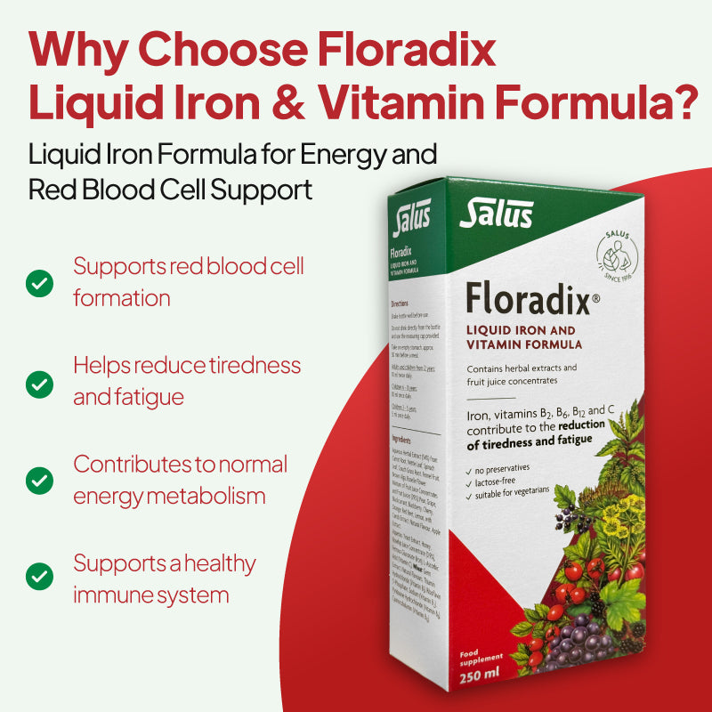 Product feature graphic for Salus Floradix Liquid Iron and Vitamin Formula, showing the carton pack on a pale background with a red curved shape, under the heading “Why Choose Floradix Liquid Iron & Vitamin Formula?” and bullet points noting support for red blood cell formation, reduced tiredness and fatigue, contribution to normal energy metabolism, and support for a healthy immune system.