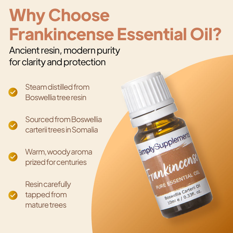 Simply Supplements Frankincense essential oil graphic highlighting steam-distilled Boswellia tree resin, Boswellia carterii sourcing from Somalia, warm woody aroma and carefully tapped mature tree resin.
