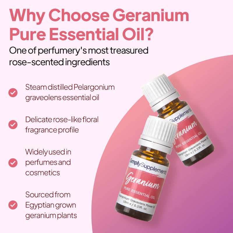 Simply Supplements Geranium pure essential oil graphic highlighting steam-distilled Pelargonium graveolens oil, delicate rose-like floral aroma, perfume and cosmetic use, and Egyptian geranium sourcing.