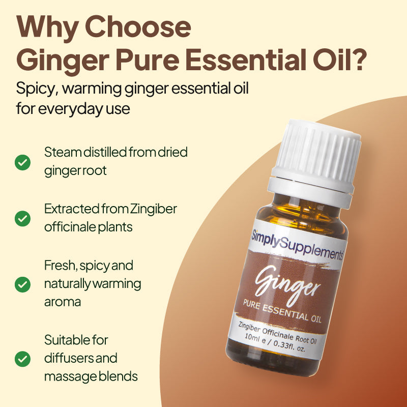 Simply Supplements Ginger pure essential oil graphic highlighting steam-distilled dried ginger root, Zingiber officinale sourcing, warm spicy aroma and suitability for diffusers and massage blends.