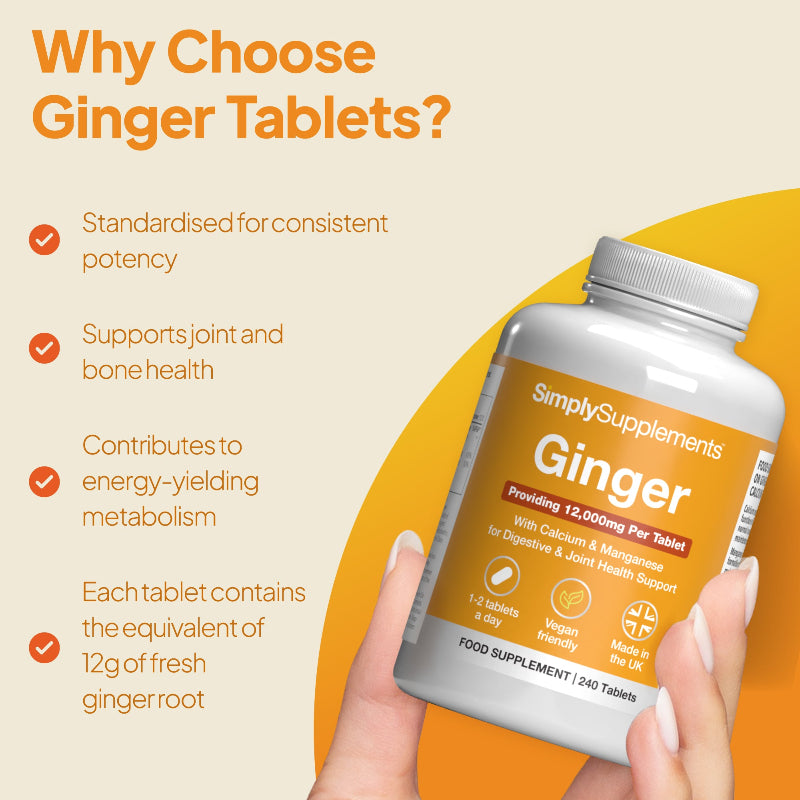Simple Supplements Ginger tablets support join and bone health and contribute to energy-yielding metabolism