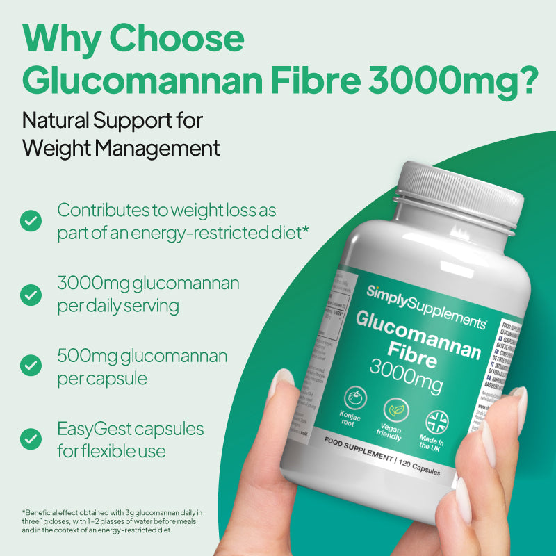Bottle Simply Supplements of Glucomannan Fibre Capsules 3000mg natural support for weight management