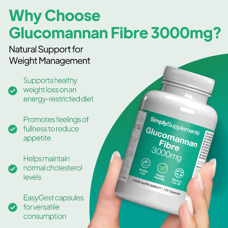 Bottle Simply Supplements of Glucomannan Fibre Capsules 3000mg natural support for weight management
