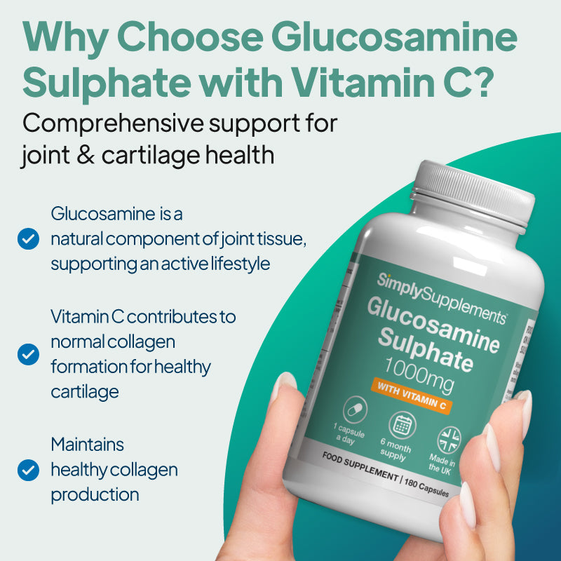 Simply Supplements Glucosamine Sulphate 1000mg with Vitamin C supplement graphic highlighting joint and cartilage support, collagen formation, bone health, muscle function and active lifestyle support.
