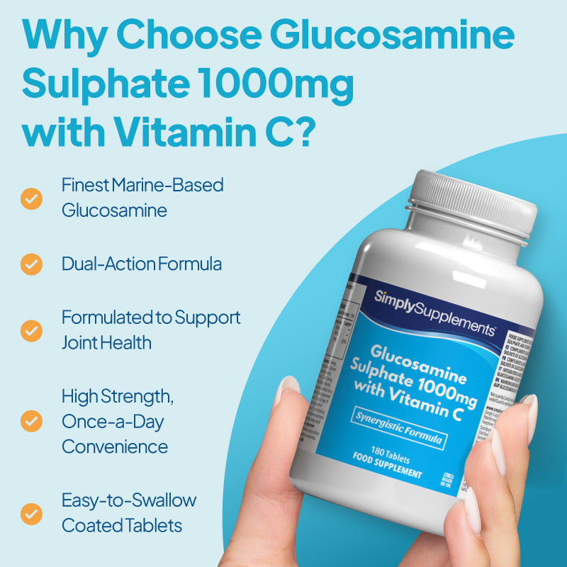 Bottle of Simply Supplements Glucosamine 1000mg with Vitamin C-Tablets formulated to support joint health