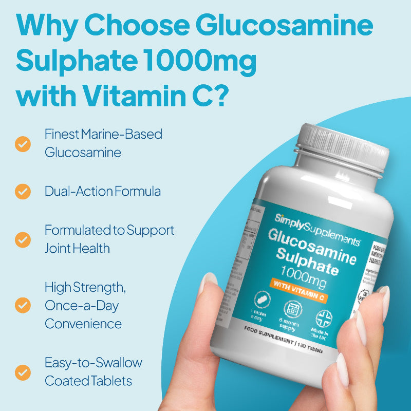 Bottle of Simply Supplements  Glucosamine 1000mg with Vitamin C-Tablets formulated to support joint 
health
