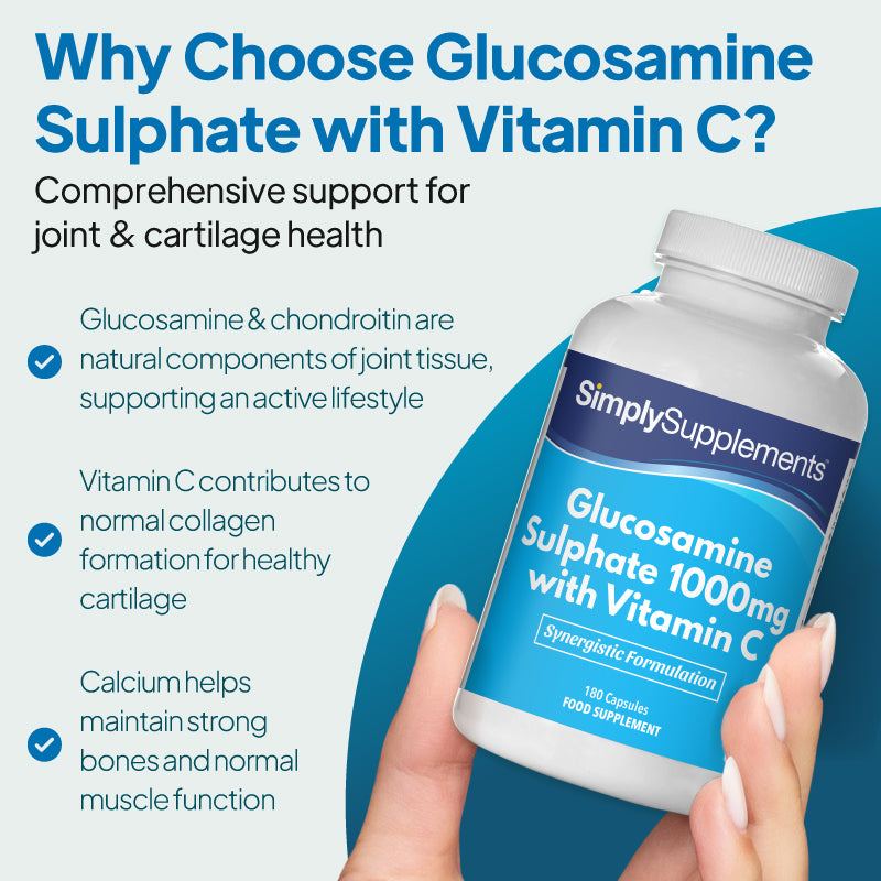 Simply Supplements Glucosamine Sulphate 1000mg with Vitamin C supplement graphic highlighting joint and cartilage support, collagen formation, bone health, muscle function and active lifestyle support.