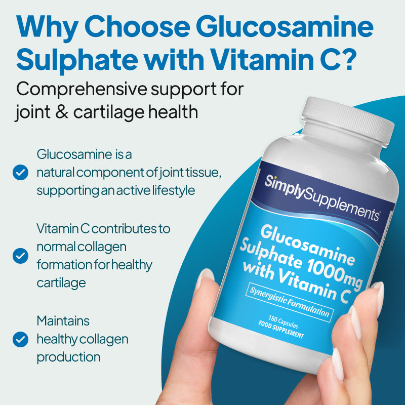 Simply Supplements Glucosamine Sulphate 1000mg with Vitamin C supplement graphic highlighting joint and cartilage support, collagen formation, bone health, muscle function and active lifestyle support.