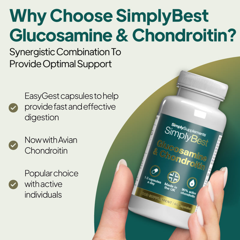 Simply Supplements SimplyBest Glucosamine 500mg and Chondroitin 400mg image highlighting EasyGest capsules, now with Avian chondroitin, and wellbeing support.