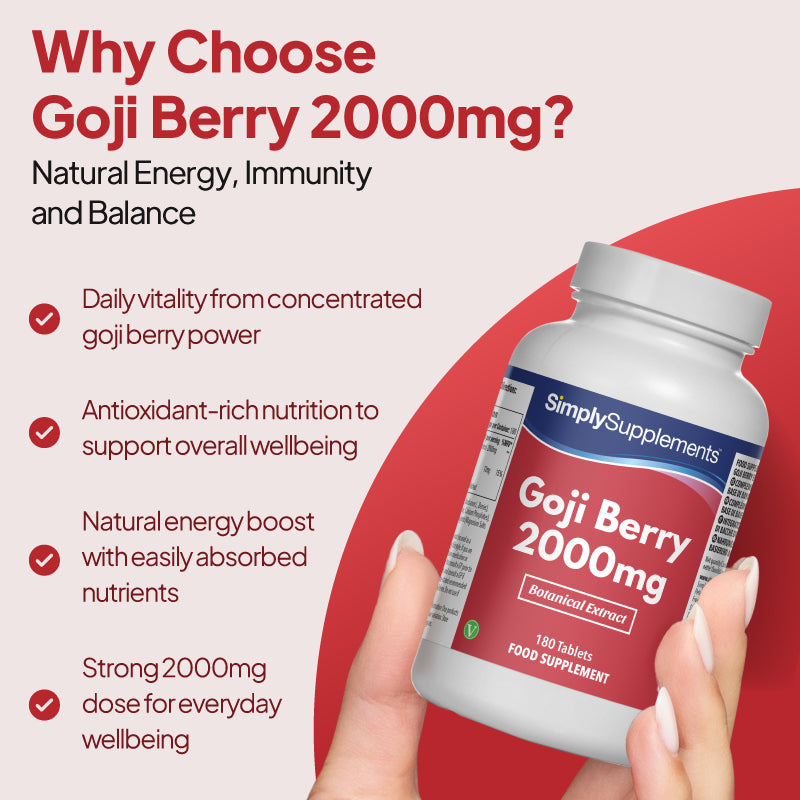 Simply Supplements Goji Berry 2000mg  provides natural energy, immunity and balance