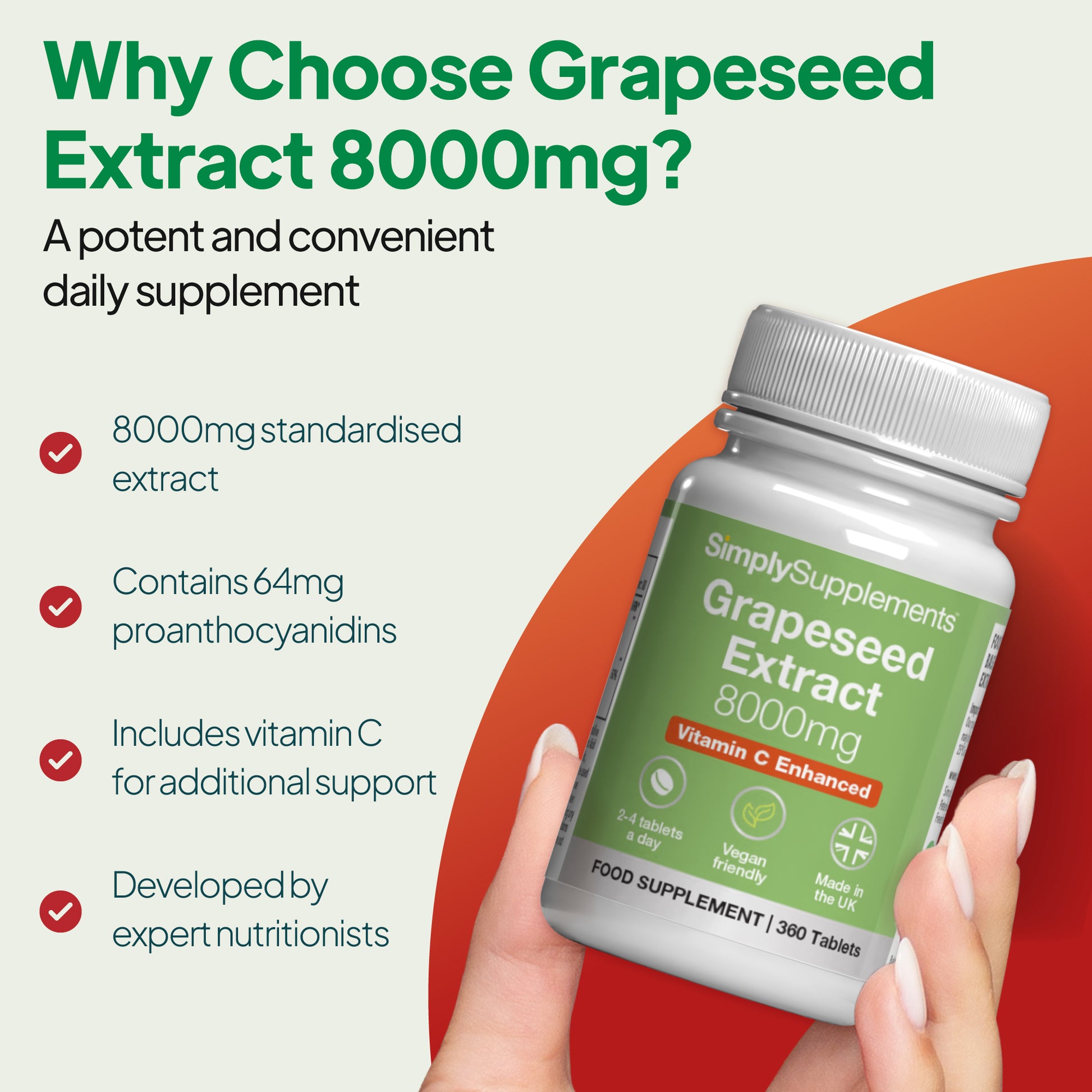 Simply Supplements Grape Seed Extract 2000mg supplement graphic highlighting standardised extract, 64mg proanthocyanidins, added vitamin C and expert-formulated daily antioxidant support.
